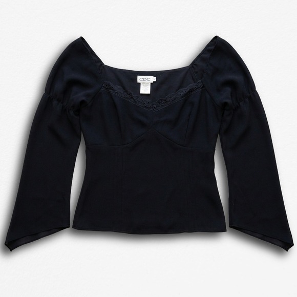 CDC Tops - CDC Womens Vintage Style Bell Sleeve Lace Trim Sweetheart Neck Top Black Large